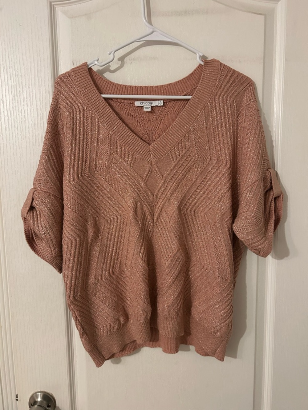 Chico’s Metallic Knit Sweater Size 2 (L) Rose Taupe V-Neck Dolman Sleeve - Picture 2 of 5